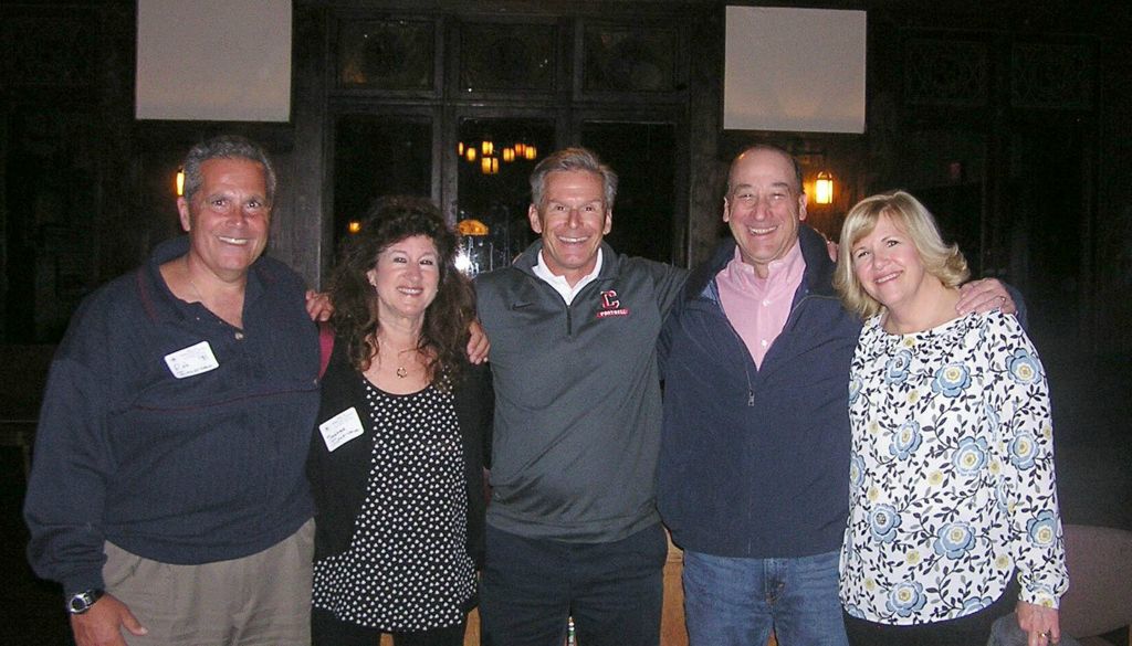 Classmates reconnect in the Great Hall: Rob Incorvaia ’81, Suzanne Incorvaia, Mark Wolcott ’83, Mark Faber ’81, and Christine Faber ’84